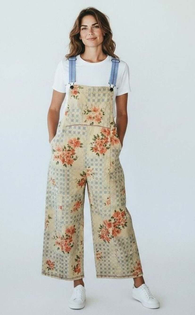 Easel Los Angeles Checkerboard & Floral Print Wide Leg Overalls Small EB57090